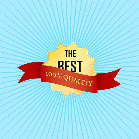 golden label with the word Best and red ribbon with the inscription 100% quality on an abstract blue backgroundのイラスト素材