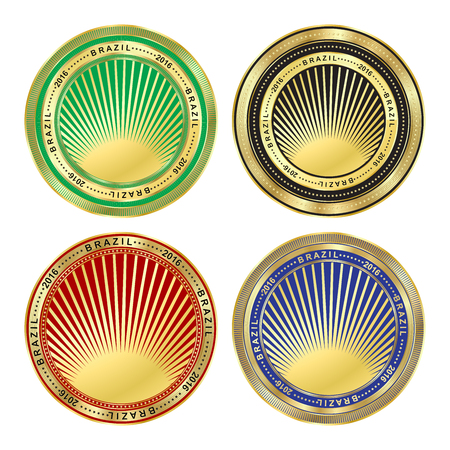 set of golden labels with the inscription Brazil in 2016 with green red blue and black backgroundのイラスト素材