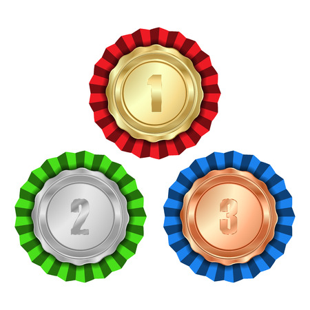 medals gold silver bronze with rosette of red green and blue ribbonのイラスト素材