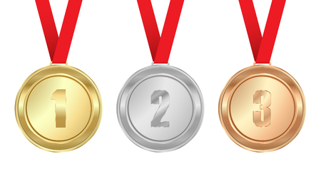 medals gold silver bronze with red ribbonのイラスト素材