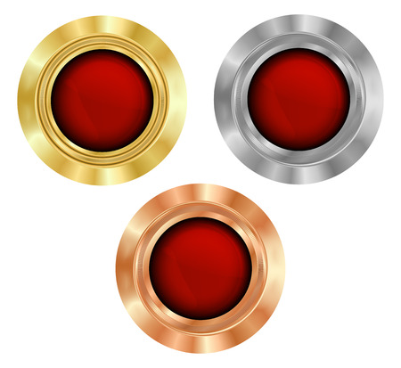 set of blank round medals of gold, silver, and bronze with red glossy glass insertのイラスト素材
