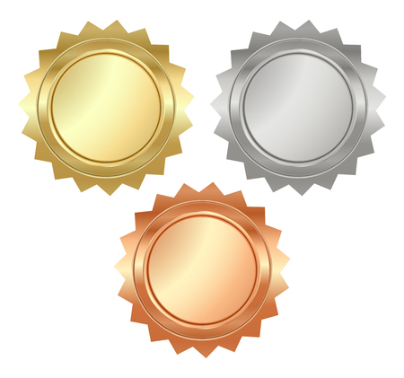 blank glossy serrated medals of gold, silver and bronze that can be used on diplomas, certificatesのイラスト素材