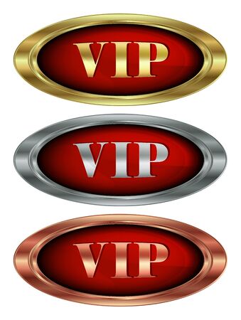 Vector set of icons from the oval with the inscription of gold silver and bronze VIP on red glossy backgroundのイラスト素材