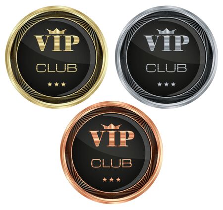 Vector set of medals with the inscription of gold silver bronze VIP crown and stars on a black glossy backgroundのイラスト素材
