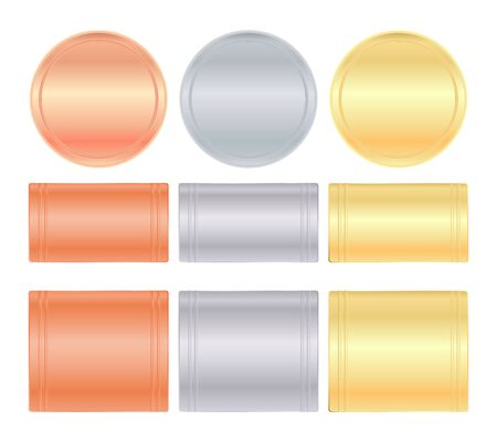 Vector set of round medals of gold, silver, bronze and rectangular and square plates of the same metalのイラスト素材