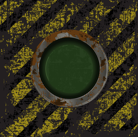 Vekton dirty old rusty green button on the scratched background with a yellow- black stripes warning about the dangers ofのイラスト素材