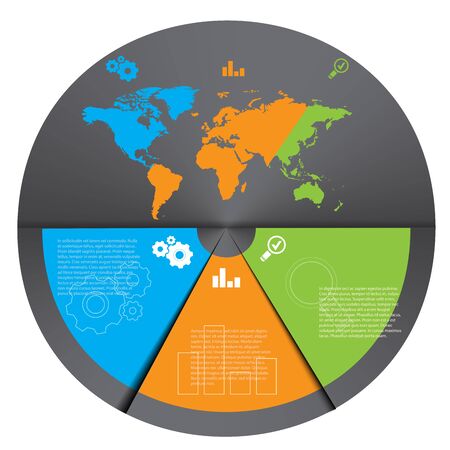 Vector map of the world with three inserts of blue green and orange with a bridge for textのイラスト素材