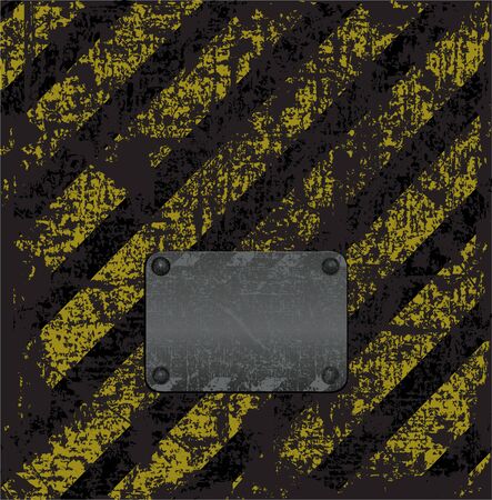 empty vector old rusty metal plate with rivets on a wall painted with cracked and peeling yellow black stripes warn of dangerのイラスト素材