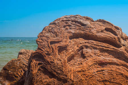 natural not processed yellow rock shell on the background of blue sky and azure seaの写真素材