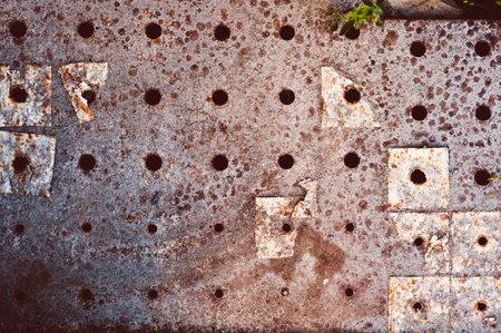 background of old darkened scuffed and scratched gray concrete floor with remnants of floor tiles...