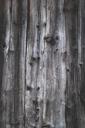 Background from old worn darkened from time to time gray knotty vertical wooden plank close upの写真素材