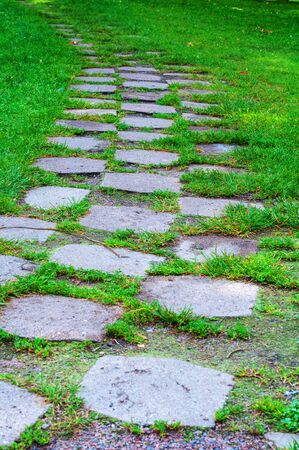 path laid out of granite stones and grass covered with stonesの写真素材