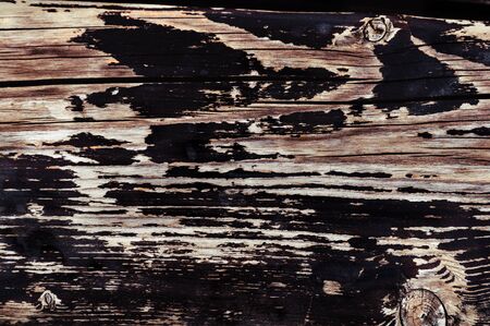 Old, faded, darkened by time, gray knotty horizontal wooden plank close-upの写真素材