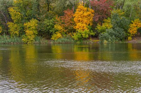 Riverbank with bright autumn trees outdoors. Yellow-orange green and red leaves. Autumn time. Trees reflected in water river.の写真素材