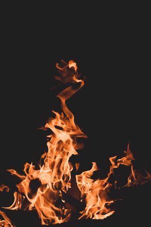 Tongues of flame. Red orange bonfire black background. Danger Uncontrolled force. attractive fire. Summer camping. Close-up. Bright light.の写真素材