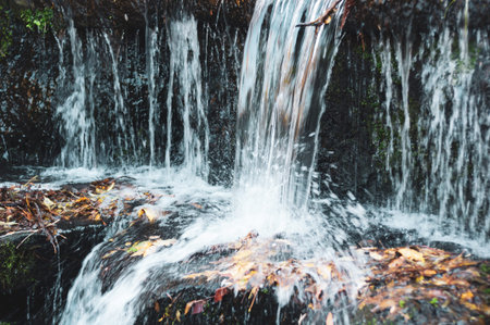 Iarge stream water falling on stones. Outdoors. Fallen autumn yellow leaves in water. Spray flying...