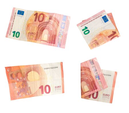 Set of ten euro banknote on white background. Banknote of 10 euros. Money common in European countries European Union. Money isolated on white background. Piled in ten euros.の写真素材