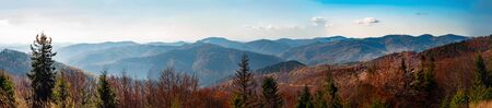 View from high mountain on picturesque landscape autumn Carpathian. Dramatic sky. Ukraine, Europe. Colorful nature, green coniferous forest. Majestic sunset in mountains landscape. World of beauty.の写真素材