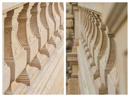 Set, antique, outdoor stairs and balustrades. Detail banister with beige sandstone. architecture stone, natural material. Baroque balustrade, granite. Collage vertical photos.の写真素材