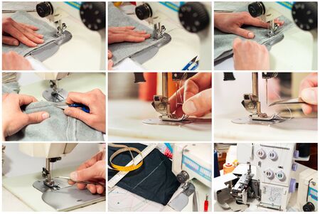 Handicraft, fashion production, clothing industry, textile industry, tailor work, professional seamstress, sewing machine. Fabric clothes, small seam, collection photos, natural material, dress makingの写真素材
