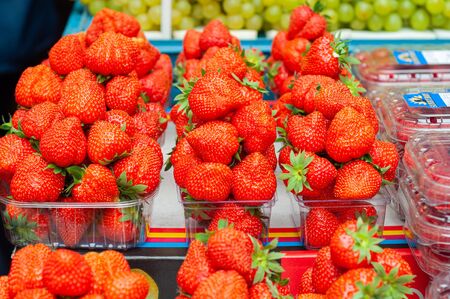Sale juicy, fresh strawberries, blackberries in market square, Prague, Czech Republic. Nutritious healthy berry diet food. Berries close up.の写真素材