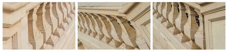 Set, antique, outdoor stairs and balustrades. Detail banister with beige sandstone. architecture stone, natural material. Baroque balustrade, granite. Collage horizontal photos.の写真素材
