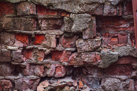 Old background with rough red bricks, grunge rough wall surface, dirty weathered blank lettering template design.の写真素材