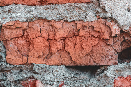 Handmade red brick close-up, grungy texture. Background of old surface, vintage cracked wall.