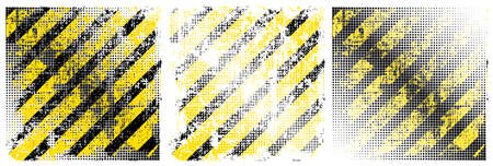 Set of grunge halfton, texture with shabby old stripes in black and yellow, design flat style vector illustration, isolated on white.の写真素材