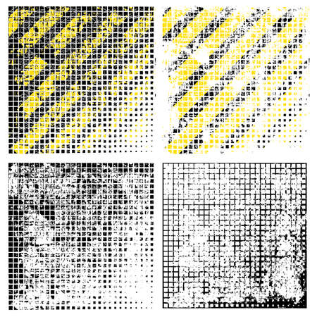 Set of grunge halfton, texture with shabby old stripes in black and yellow, design flat style vector illustration, isolated on white.の写真素材