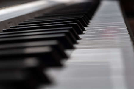 Blurred background. Black and white piano keys close up, frontal view, classical musical instrumentの写真素材