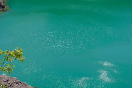 Background from emerald green water saturated with radon. Flooded granite quarry, tree leavesの写真素材