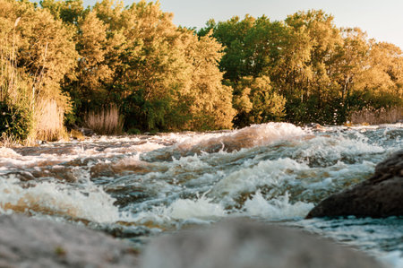 Fast flowing cold water mountain stream, flowing stormy stream stream, nature outdoors, fresh stream dark blue waterの写真素材
