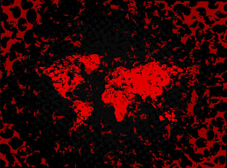 Grunge red color world map with cracks and scuffs, design flat style vector illustration, isolated on white.のイラスト素材