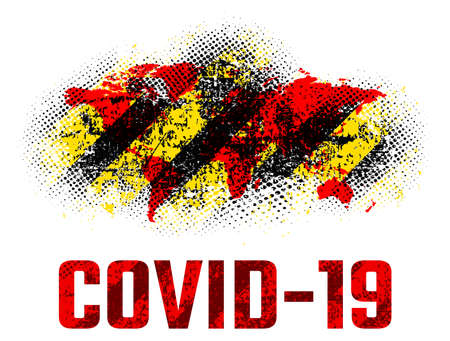 Inscription covid 19 and world map on grunge texture with yellow and black stripes warning of danger, design flat style vector illustration, isolated on white.のイラスト素材