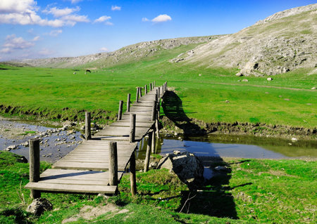 The wooden foot bridge and old mountains