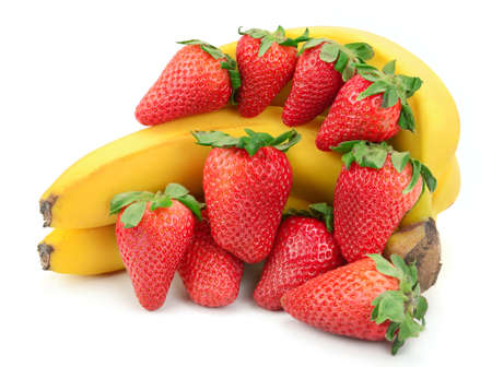 composition of banana and strawberry isolated on white backgroundの写真素材