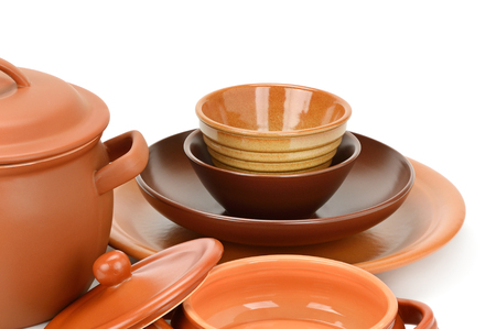 Set clay utensils isolated on whiteの写真素材