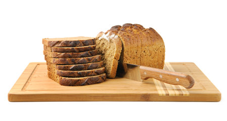 cut bread and knife isolated on white background