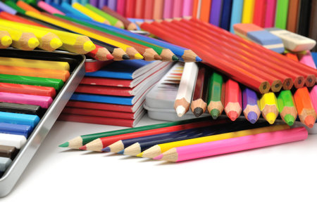 collection colored pencils isolated on white background