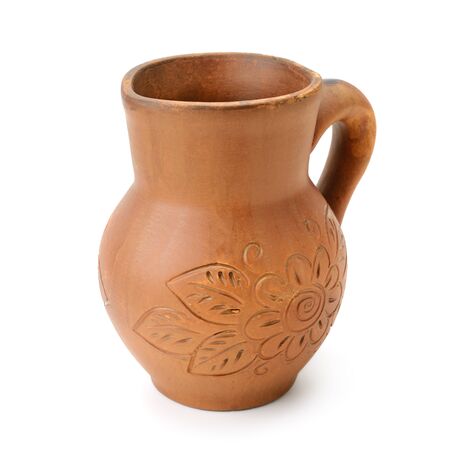 Clay jug isolated on white backgroundの写真素材
