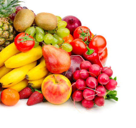 Collection juicy fruits and vegetables isolated on whiteの写真素材
