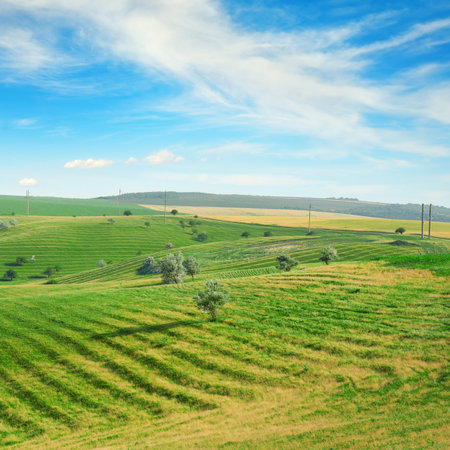 Hilly terrain with a terrace and a blue sky with clouds.