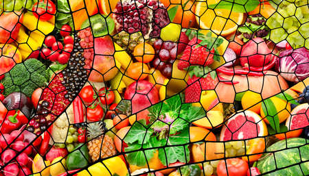 Collage of fresh fruits and vegetables. Healthy food in the cells of a dragonfly wing.の写真素材