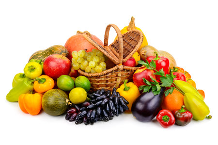 Basket with fresh fruits and vegetables isolated on a white background. The top view.の写真素材
