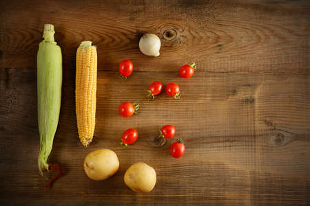 Fresh vegetables on wooden boards. Top view.の写真素材