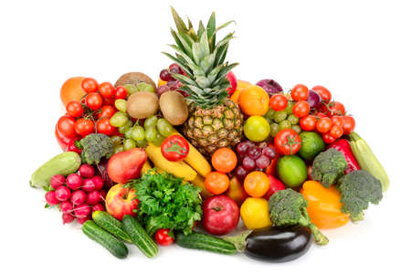 Collection of bright fresh fruits and vegetables isolated on a white background. Top view.の写真素材