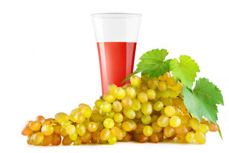 Grape juice in glass and bunch ripe grapes isolated on white background. Clipping path. Free space for text.の写真素材