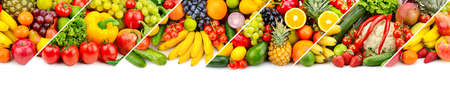 Panoramic collage of fresh fruits and vegetables isolated on white background. Free space for text.の写真素材
