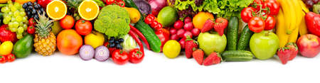 Panoramic collection fresh fruits and vegetables for skinali isolated on white background. Top view. Copy space.の写真素材